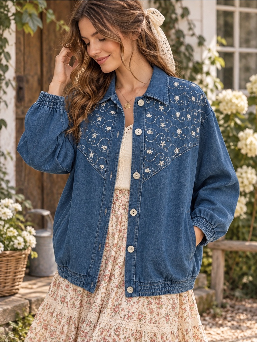 Vintage 90s Teddi Embroidered Denim Jacket Western Yoke XL Grannycore